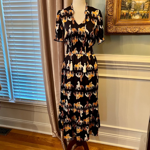 NWOT THML Black Tan Gold Horse Print Satin Midi Maxi Dress Size XS - Picture 2 of 6